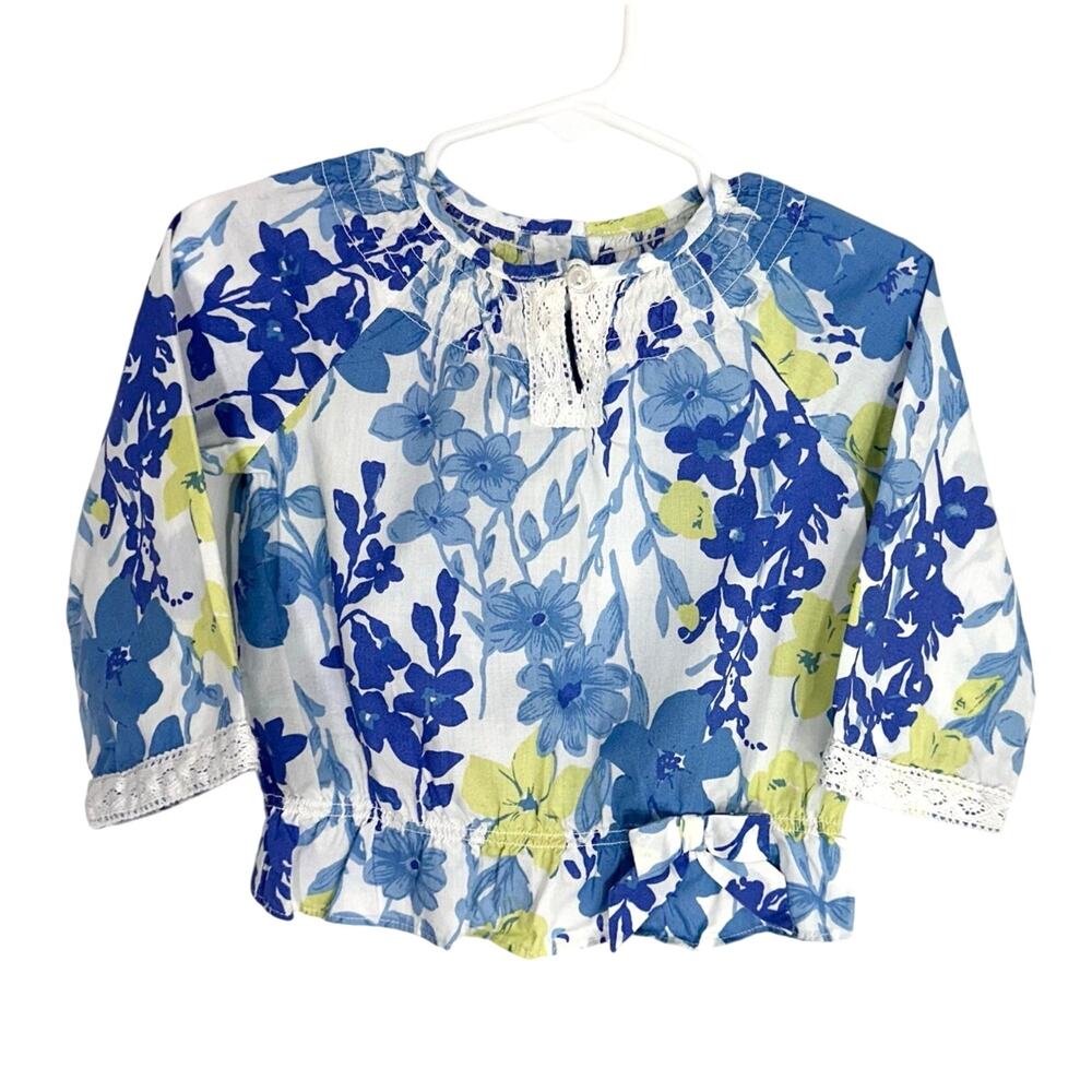 Janie and Jack Floral Long Sleeve Cotton Lace Trim Top‎ | Blue White | SZ 12-18M